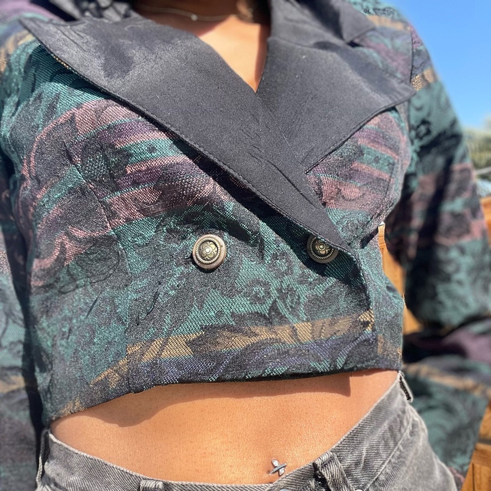Vintage Printed Double Button Cropped Blazer - image 7